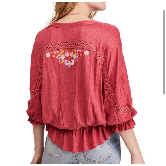 Free People Serafina Embroidered Floral Crochet Boho Top in Sangria Combo S - Picture 4 of 12
